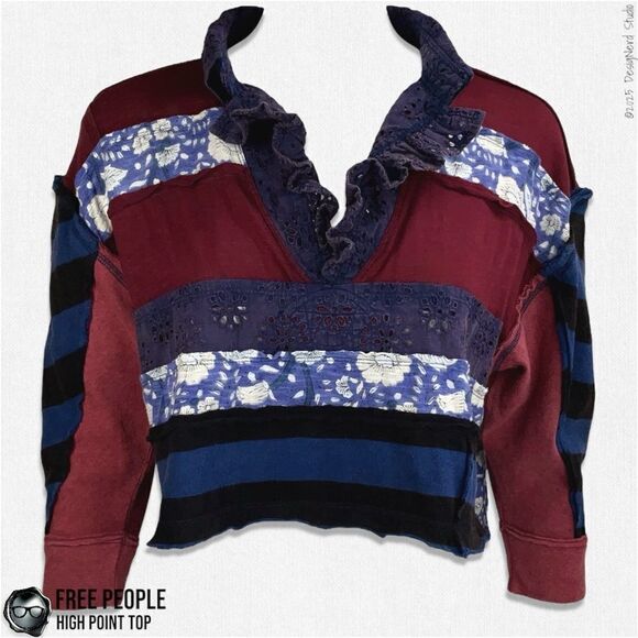 FREE PEOPLE HIGH POINT OVERSIZED BOHO PATCHWORK CROP TOP IN NIGHTTIME COMBO XS/S - Picture 1 of 15